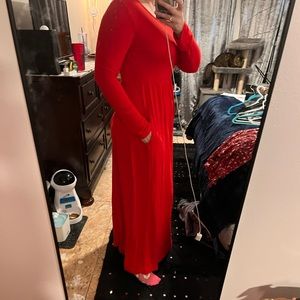 Red long sleeve long dress with pockets